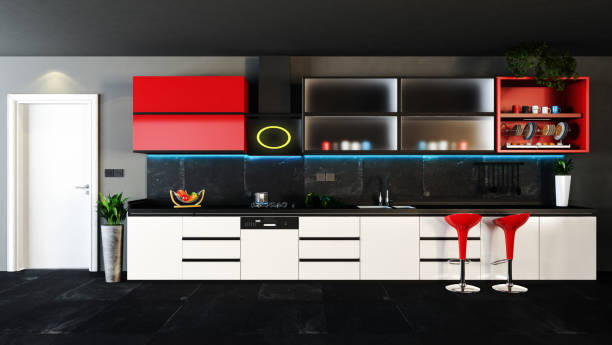 istock Red and black kitchen design with dark interior concept decor idea 1214728134