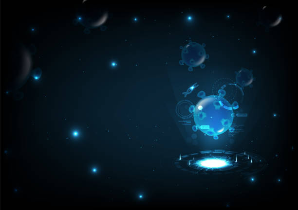 istock Hologram of coronavirus COVID-19 on futuristic technology, virus particles background vector illustration 1214728473