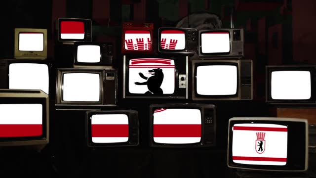 Flag of East Berlin and Retro TVs. Zoom In.