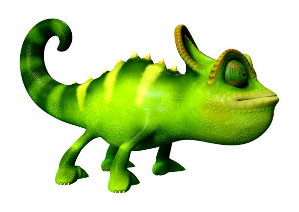 istock 3D illustration green cartoon chameleon on white 1214729205