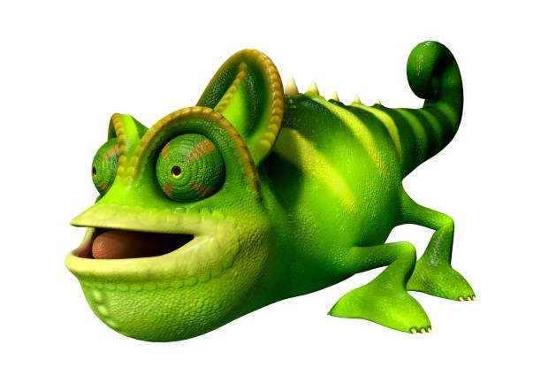 istock 3D illustration green cartoon chameleon on white 1214729206
