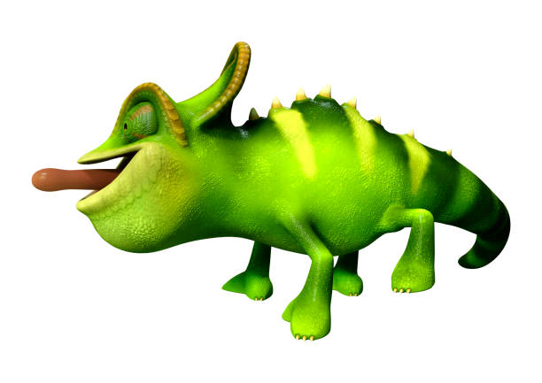 istock 3D illustration green cartoon chameleon on white 1214729727