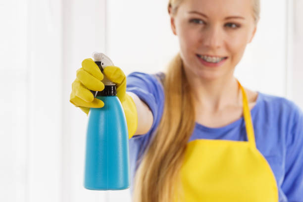 istock Woman cleaning window at home 1214730911