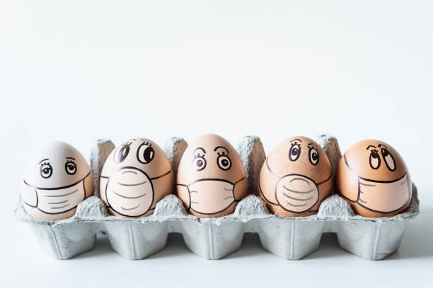 Diverse chicken eggs with doodle faces wearing medical masks with white background stock photo