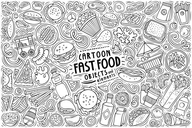 ilustrações, clipart, desenhos animados e ícones de conjunto vetorial de itens temáticos do fastfood, objetos e símbolos - sausage grilled isolated single object