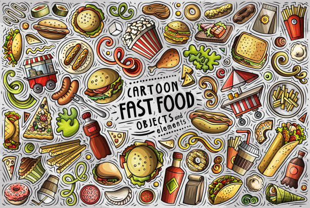 illustrations, cliparts, dessins animés et icônes de ensemble vectoriel d’objets, d’objets et de symboles à thème fastfood - groupe dobjets illustrations