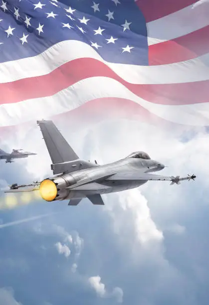 F-16 Fighting Falcon military jets (models) fly through clouds with American flag