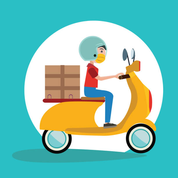 istock Delivery Man Ride Scooter Motorcycle wearing a surgical mask 1214737912