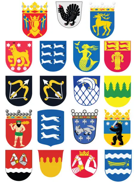 Vector illustration of Regions of Finland Coat of Arms Set Collection