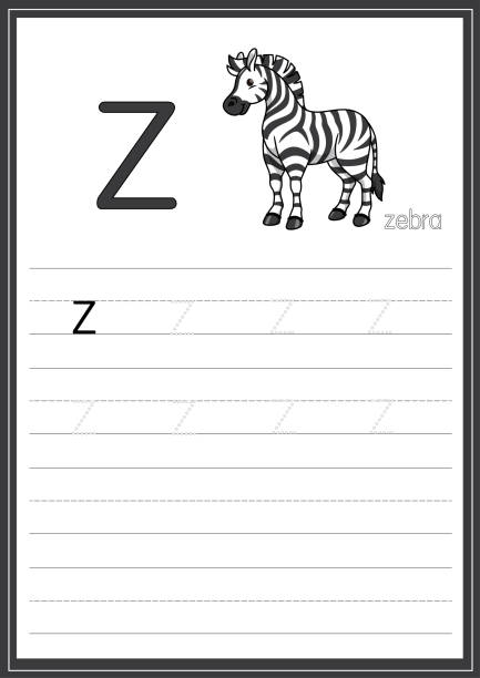 ilustrações, clipart, desenhos animados e ícones de ilustração vetorial de zebra com alfabeto z minúscula para crianças aprendendo a traçar a prática abc no tamanho de papel a4 pronto para imprimir. - traçar