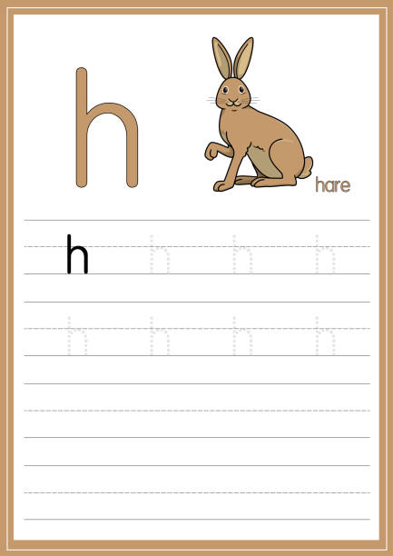 векторная иллюстрация зайца с алфавитом h lowercase для детей, учусь отслеживать практику abc на a4 paper размер готов к печати. - 4 h stock illustrations