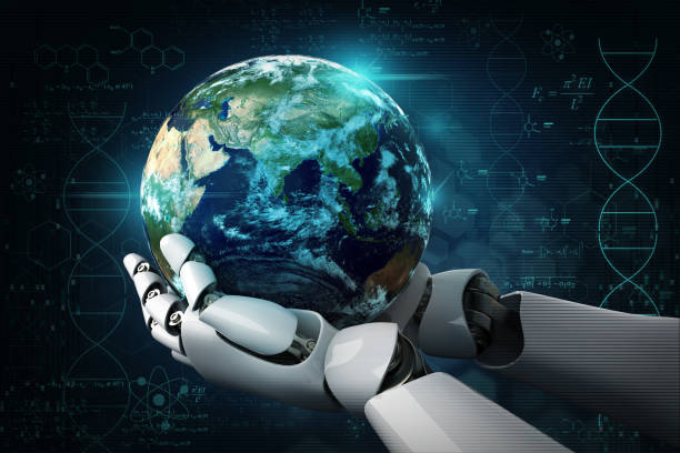 istock 3D rendering Planet Earth on robot hand stock photo 1214740656