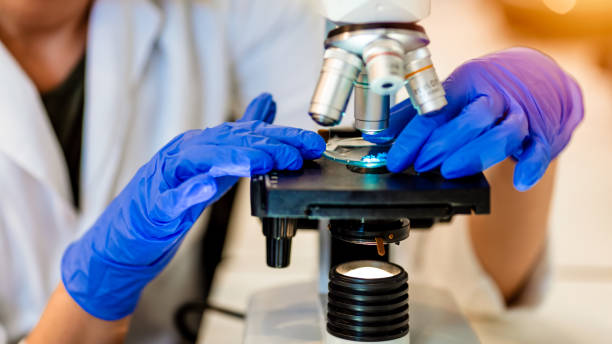 istock Close-up of female scientist working on microscope in laboratory 1214743800