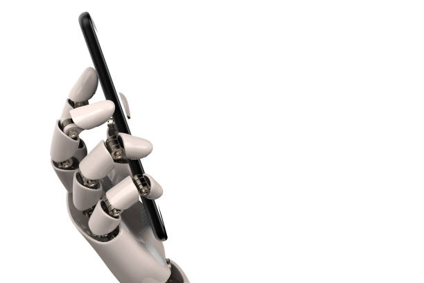 istock 3d Rendering Robot Hand holding a Smartphone with Blank White Screen isolated on background with Clipping Path, mock-up, template, stock photo 1214743962