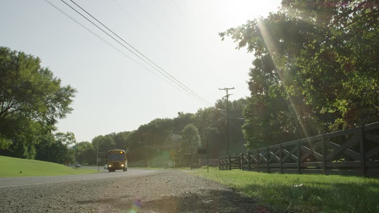 Slow Motion Shot of a Yellow School Bus Driving along a Street in a Lush, Green Residential Neighborhood in Tennessee Surrounded by a Fence, Mailboxes, and a Forest on a Sunny, Bright Morning