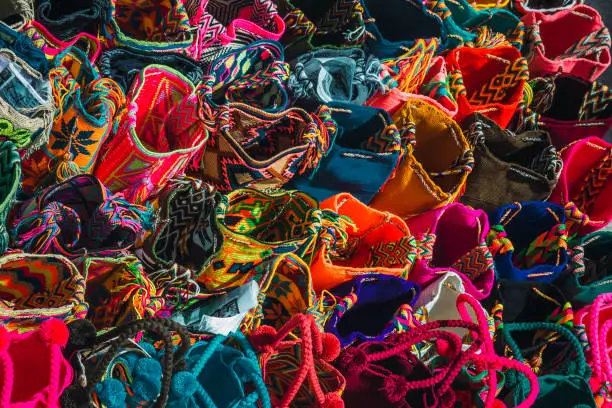 lots of colorful wayuu bags seen in Bogotá