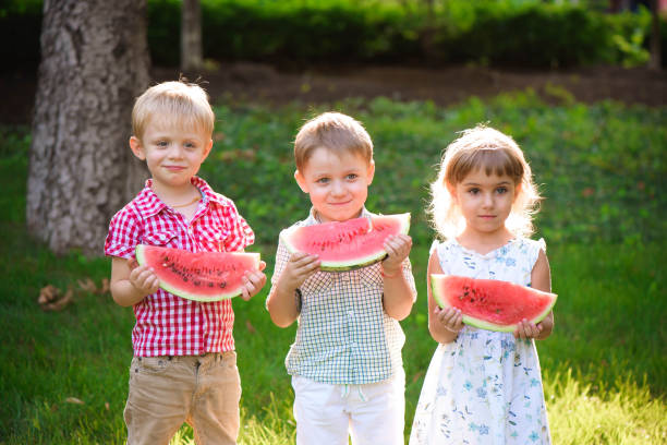 istock Funny kids eating watermelon outdoors in summer park. 1214745936