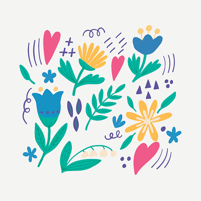 Set Of Vector Images Of Blue Yellow Flowers Leaves And Small Objects On White Background For The Design Of Postcards Wrapping Paper Prints On Covers Tshirts Backpacks Stock Illustration - Download Image Set Of Vector Images Of Blue Yellow Flowers Leaves And Small Objects On White Background For The Design Of Postcards Wrapping Paper Prints On Covers Tshirts Backpacks Stock Illustration - Download Image