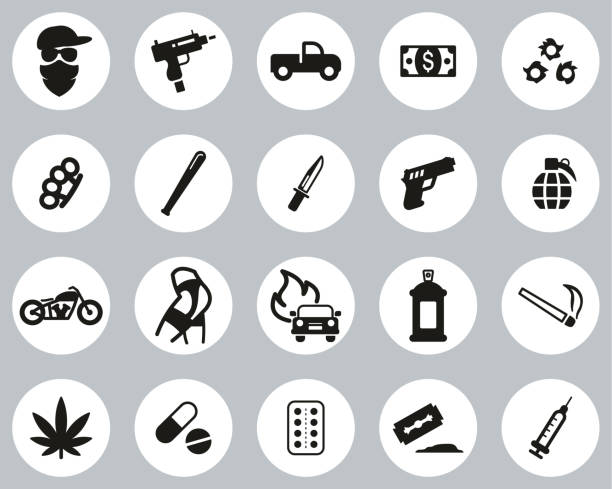 Modern Gangster Icons Black & White Flat Design Circle Set Big Modern Gangster Icons White On Black Flat Design Set Big uzi submachine gun stock illustrations