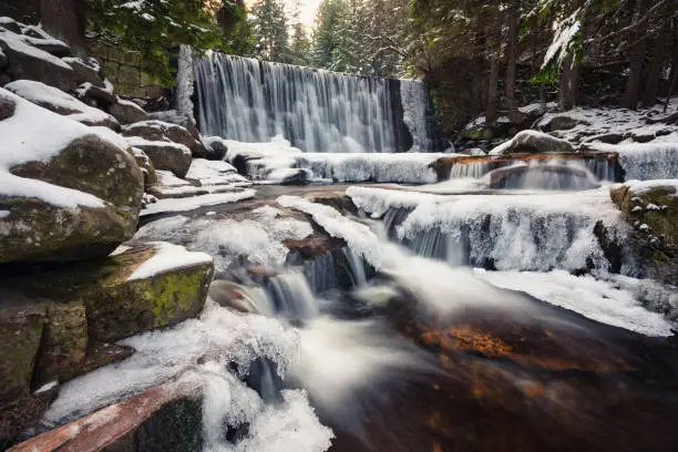 Karpacz, Poland. Winter view of Wild Waterfall (Dziki Wodospad)