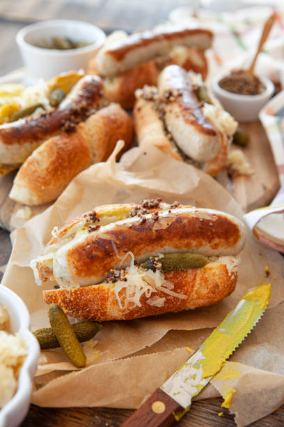 istock Delicious hot dogs with sauerkraut 1214752144
