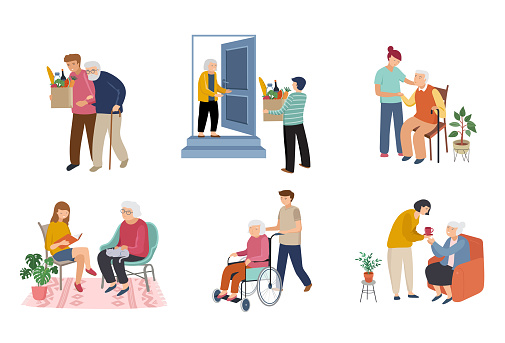 Volunteer, young people are taking care of seniors people. Seaing at home, walking, reading books, carriers the grocery, ride wheelchair. Vector flat cartoon illustration