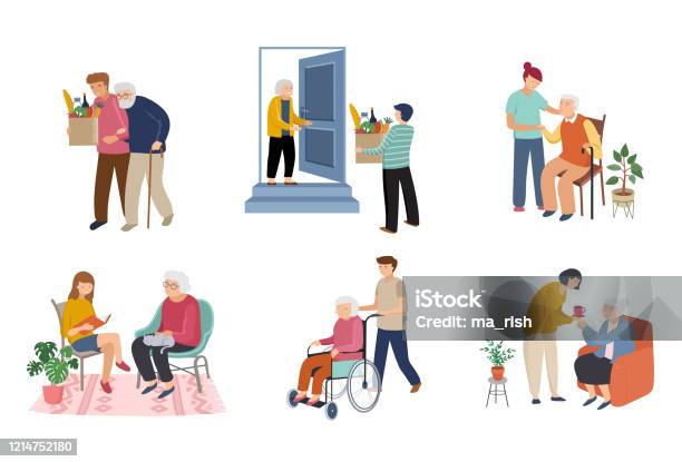 Volunteer Young People Are Taking Care Of Seniors People Seaing At Home Walking Reading Books Carriers The Grocery Ride Wheelchair Vector Flat Cartoon Illustration Stock Illustration - Download Image Now