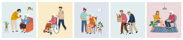 волонтер, молодежь заботится о пожилых людях. поющие дома, ходьба, чтение книг, перевозчики продуктовый, ездить на инвалидной коляске. векто - средний медицинский персонал иллюстрации stock illustrations