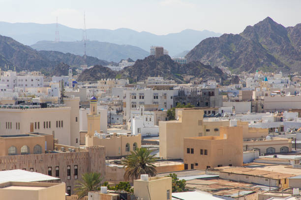 Muscat, Oman February 2, 2020: Aerial view from Mutrah fort of the Matrah District and the mountains behind it.