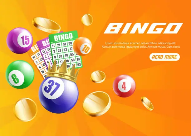 Vector illustration of Bingo web banner with balls and cards on orange realistic vector illustration.