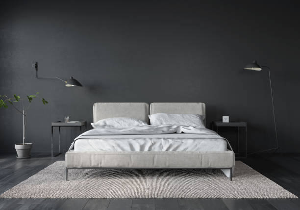 istock Bedroom interior with white bed and dark gray wall 1214753285