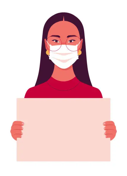 Vector illustration of Asian young woman wears medical mask holds in her hands a poster without text on a white background. Coronavirus. Human rights.