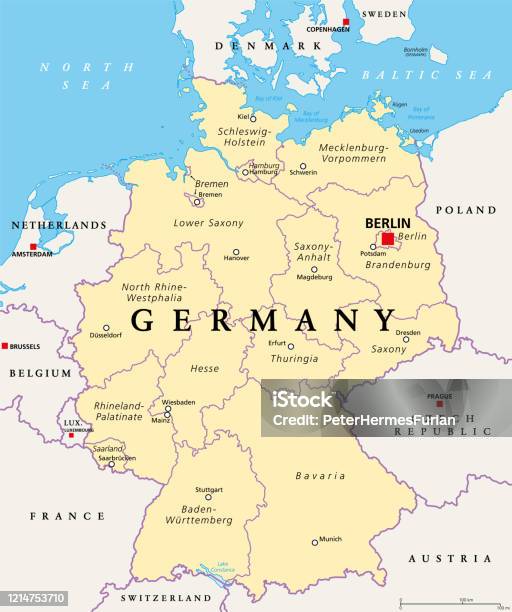 Almanya Siyasi Harita Almanya Federal Cumhuriyeti Eyaletleri Stok Vektör Sanatı & Harita‘nin Daha Fazla Görseli