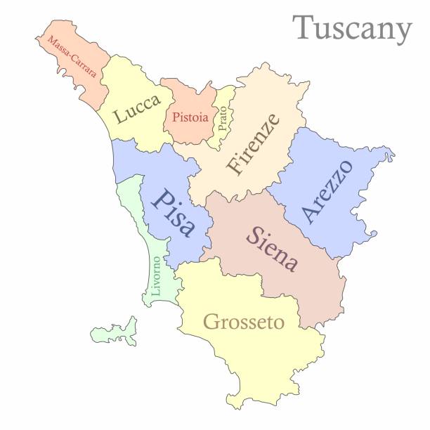 Tuscany administrative map Tuscany administrative colorful map isolated on white background arezzo stock illustrations