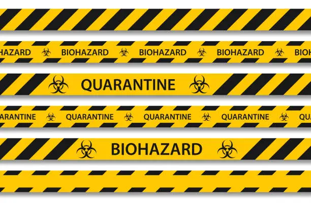 Vector illustration of Vector biohazard danger yellow black seamless tape set isolated on white background. Safety fencing ribbon. Quarantine flu. Warning danger of influenza hazard. Global pandemic coronavirus COVID-19