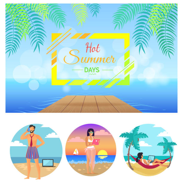 illustrations, cliparts, dessins animés et icônes de hot summer days collection vector illustration - hamac telephone homme