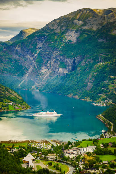 Fjord Geirangerfjord with cruise ship, view from Flydasjuvet viewing point, Norway. Travel destination