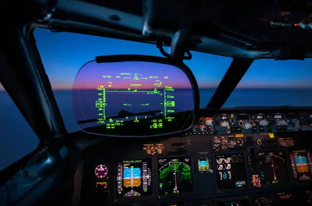 Commercial Jet cockpit with digital heads up display