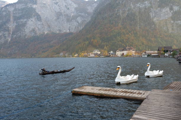 istock Swan boat in beautiful Hallstatt lake 1214757921