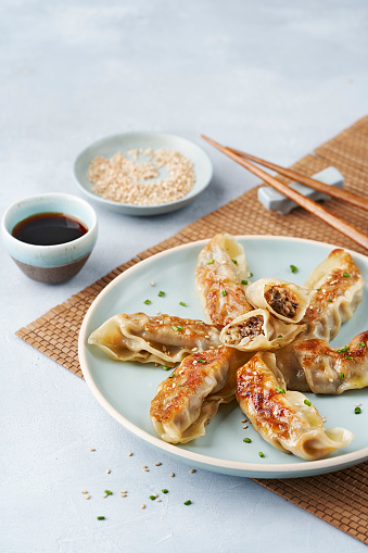 Gyoza or dumplings snack with soy sauce and sesame on a light background selective focus, space for text.