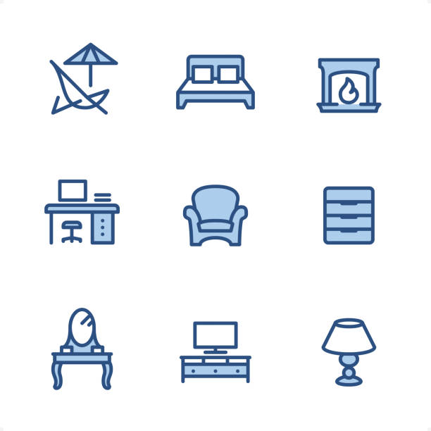 Furniture - Pixel Perfect Blue icons Furniture icons set #111
Specification: 9 icons, 48x48 pх, blue stroke weight 2 px.
Features: Pixel Perfect, Single line, Color-filled parts.

First row of icons contains:
Deck Chair, Double Bed, Fireplace;

Second row contains:
Workplace, Armchair, Filing Cabinet;

Third row contains:
Dressing Table, TV Sideboard, Lamp.

Complete Ninico Blue collection - https://www.istockphoto.com/collaboration/boards/KZ1_tG41mEa7_qCGyBYMqA head board bed blue stock illustrations