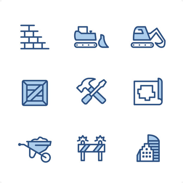 ilustraciones, imágenes clip art, dibujos animados e iconos de stock de construcción - pixel perfect blue iconos - screwdriver isolated blue work tool