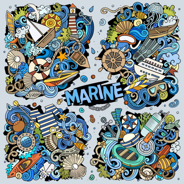 Vector doodles cartoon set of Marine combinations of objects Colorful vector hand drawn doodles cartoon set of Marine combinations of objects and elements. All items are separate swimming drawings stock illustrations