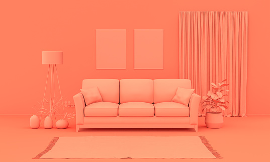 Habitación interior de color naranja rosarosa monocroma con muebles y accesorios. Fondo claro con espacio de copia. Renderizado 3D photo