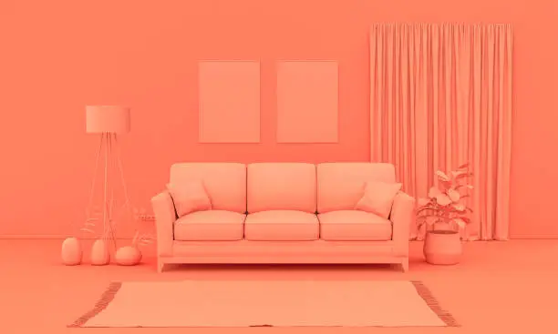 Photo of Interior room in plain monochrome pinkish orange color with furnitures and room accessories. Light background with copy space. 3D rendering