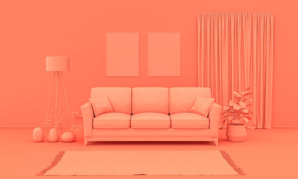 sala interior em cor laranja rosado monocromático simples com móveis e acessórios para quarto. fundo leve com espaço de cópia. renderização 3d - furnitures - fotografias e filmes do acervo