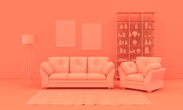 가구와 실내 액세서리와 일반 흑백 분홍색 오렌지 색상의 내부 객실. 복사 공간이 있는 라이트 배경입니다. 3d 렌더링 - furnitures 뉴스 사진 이미지