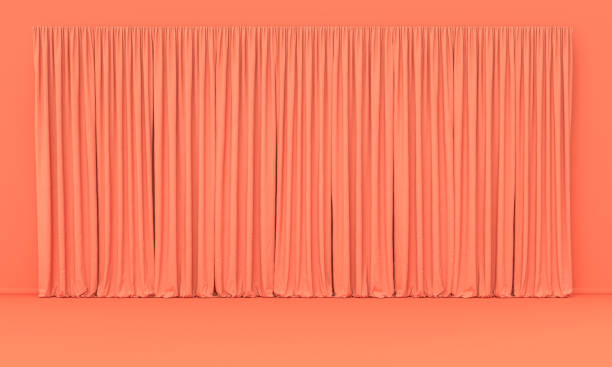 istock Interior room in plain monochrome pinkish orange color with only curtain. Light background with copy space. 3D rendering 1214760947