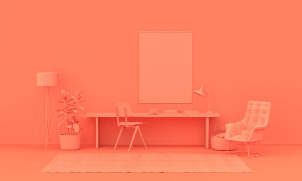 innenraum in schlichter monochromer rosa orange farbe mit möbeln und raumaccessoires. lichthintergrund mit kopierraum. 3d-rendering - furnitures stock-fotos und bilder