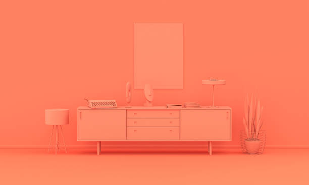 innenraum in schlichter monochromer rosa orange farbe mit möbeln und raumaccessoires. lichthintergrund mit kopierraum. 3d-rendering - furnitures stock-fotos und bilder